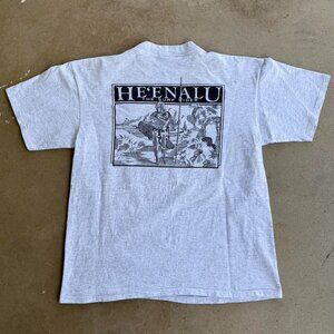 VINTAGE 90s HE’ENALU SURF RIDER HAWAII GRAY BLACK SURF GRAPHIC TEE